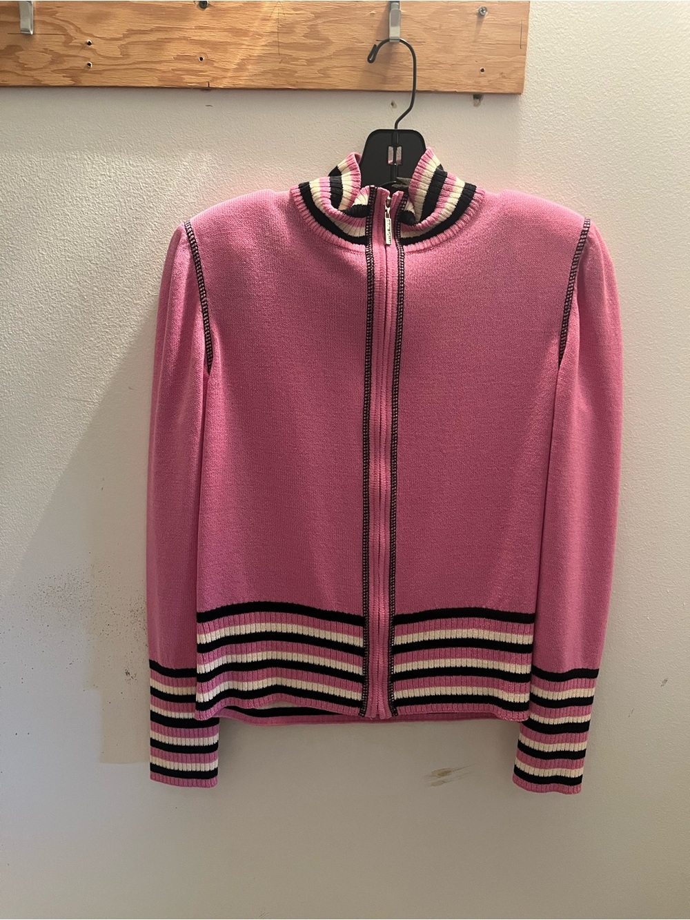 St. John Pink Zip-Front Bomber Jacket with Black & Cream Striped Trim